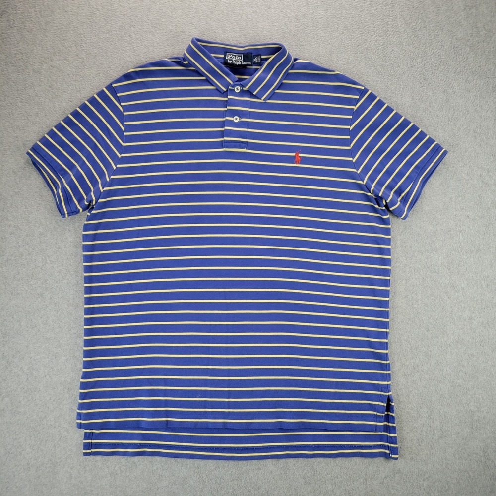 Polo‎ Ralph Lauren Polo Shirt Mens XL Blue Yellow Striped Custom Fit Cotton Pony